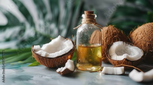 A tranquil arrangement featuring a glass bottle of coconut oil, surrounded by fresh coconuts and coconut flesh, set against a backdrop of greenery.