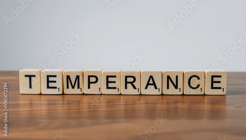 Temperance word from wooden blocks on desk with white shades, png