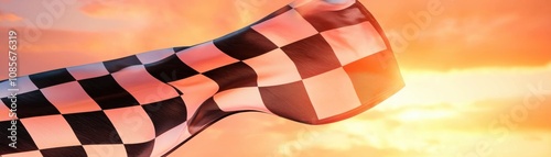 Dynamic checkered flag blowing in the wind, set against a radiant sunset backdrop, celebrating success and perseverance