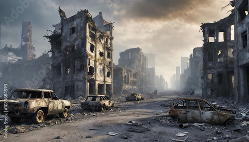 A desolate urban environment features crumbling buildings and debris scattered across the ground, creating a sense of desolation during a rainy day in a post-apocalyptic setting.