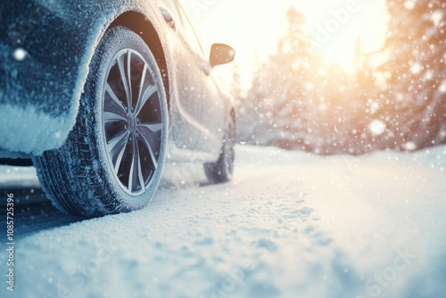 Car drives along a snowy road amidst tall pine trees, creating a winter wonderland scene with fresh white snow covering the landscape.