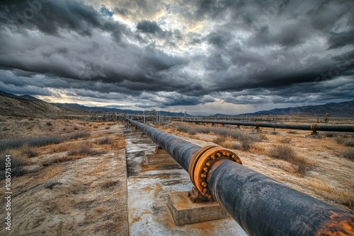 Dramatic oil pipeline in industrial desert landscape with metal infrastructure under cloudy sky