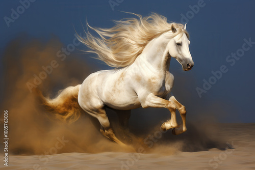 White horse with flamboyant mane galloping in sand, AI generated