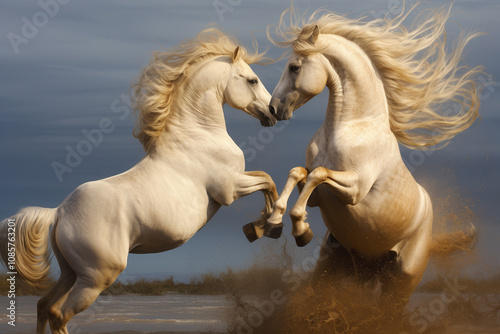 Two white horse stallions with flamboyant mane flighting in the water, AI generated