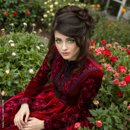 Una preciosa chica victoriana, con pelo muy negro y un encantador vestido largo, en tonos carmin