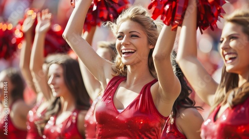 Cheerleaders performing an energetic routine at the sidelines of a football game