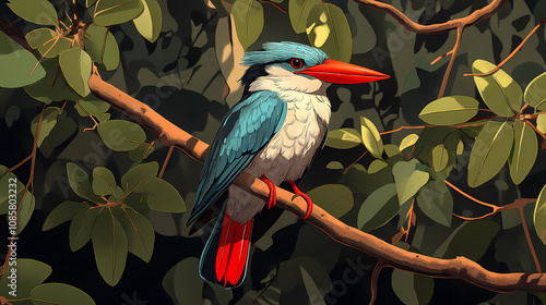 Grey headed kingfisher halcyon leucocephala perched in tree from high angle. Halcyon. Illustration