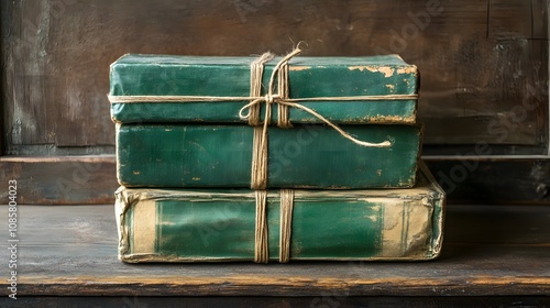 Vintage green books tied with twine on a rustic wooden shelf.