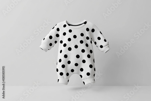 White romper with black polka dots, hanging on a rustic wooden door.