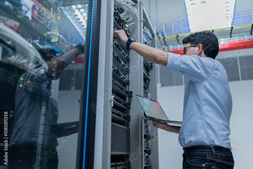 Computer engineer is setting up network in server room,Systems Maintenance Technician,Male engineer working in server room at modern data center