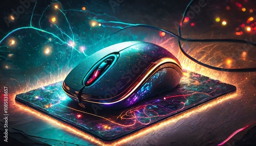 A wireless mouse with led light on a mouse pad 