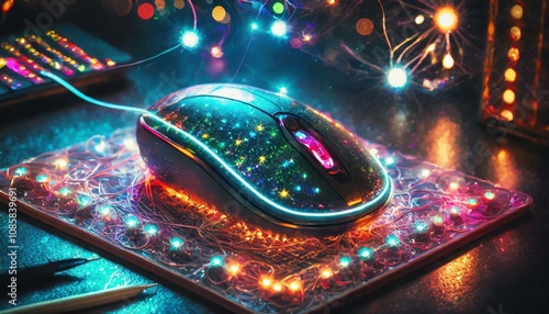 A wireless mouse with led light on a mouse pad 