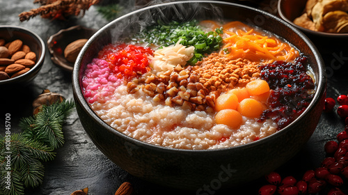 A Visually Rich Still Life of a Steaming Bowl of Laba Congee with Colorful Toppings and Traditional Elements