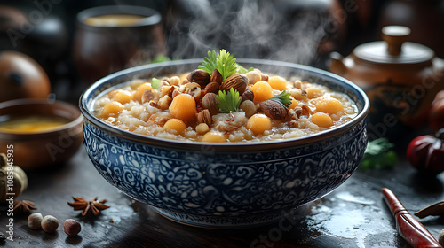 A Visually Rich Still Life of a Steaming Bowl of Laba Congee with Colorful Toppings and Traditional Elements