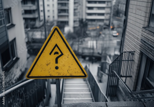 yellow triangular warning sign with an exclamation mark on it, placed next to the stairs of a building in the city center