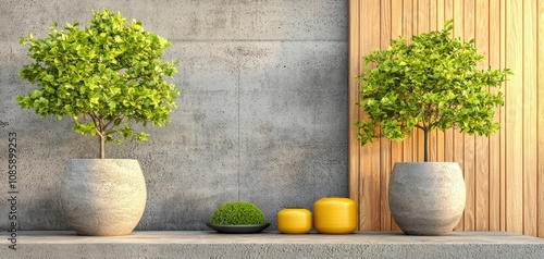 Minimalist table display featuring honed stone pots with lush greenery, chic decor, and warm colors, creating a cozy atmosphere