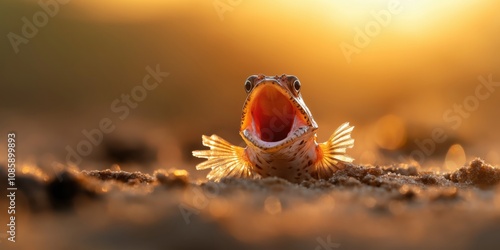 A male mudskipper flaring its dorsal fin, its mouth wide open in a display of dominance