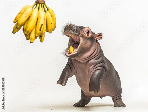 Playful hippo reaching for bananas animal kingdom fun image whimsical setting close-up view