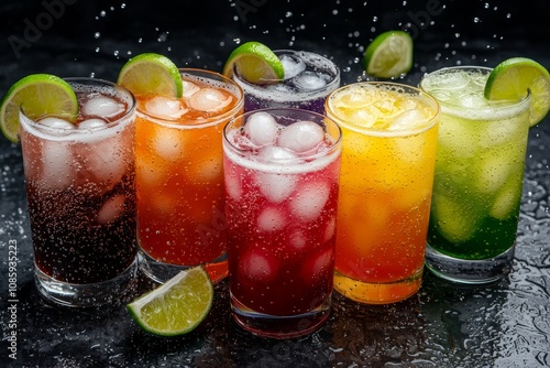 Vibrant Iced Drinks Spectacle Close-Up Array of Colorful Cocktails on Dark Wet Surface, Refreshing Elixir Assortment for Festive Bar Scene or Summer Celebration