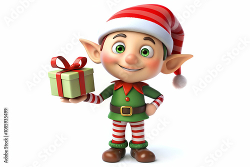 A cheerful cartoon elf holds a gift, dressed in a festive red and green outfit, complete with a striped hat and stockings, embodying the spirit of Christmas.