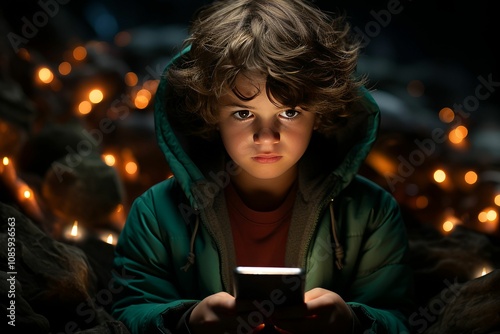 Kid addicted to his smartphone. AI generated