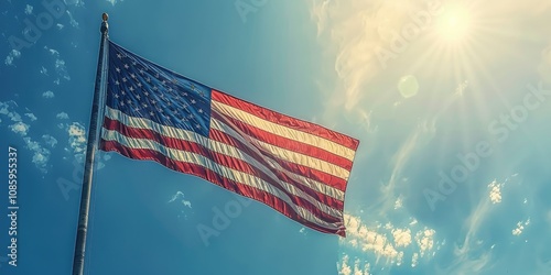 View of the United States Capitol dome with American flag waving on a sunny day in Washington, D.C