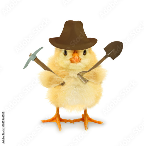 Cute cool chick adventurer explorer treasure hunter with fedora hat and pickaxe spade tools funny conceptual image 