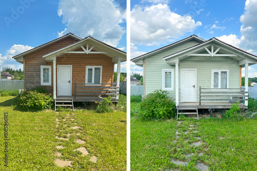 Before and after renovation, repainting of small tiny wooden frame house with sundeck and white windows and door as a country residence in sunny summer day.