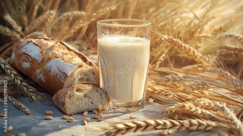 Szklanka mleka w otoczeniu chleba i łagodnie rozłożonych kłosów pszenicy tworzy kompozycję, która podkreśla naturalność i prostotę wiejskiego życia.