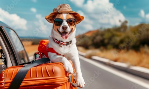 Dog Traveling by Car: A Whimsical Journey with Suitcases