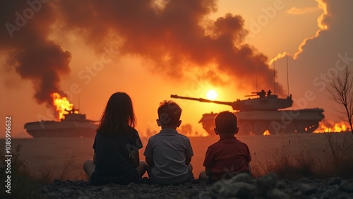 War through the eyes of children. Children against the background of military equipment, fire, smoke . Sunset against the background of conflict: tanks and children