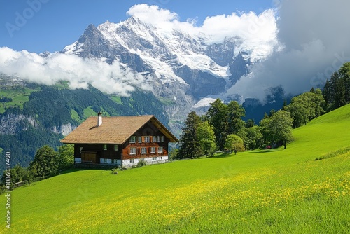 Wooden chalet nestled in swiss alps meadow with majestic jungfrau mountains