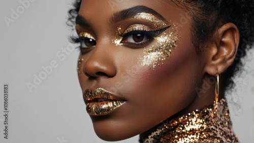 Mujer negra con maquillaje dorado brillante 