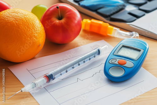 Banner for National Diabetes Awareness Month insulin, glucometer, lancet pen and money