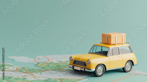 Car Travel Concept with Toy Car on Map Background, Copy Space, Pastel Colors