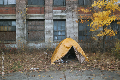 Homeless temporary shelter against abandoned building.