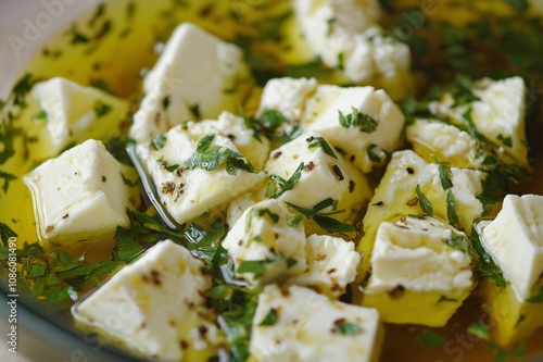 Feta cheese cubes are marinating in a mixture of herbs, spices, and olive oil, adding flavor and visual appeal