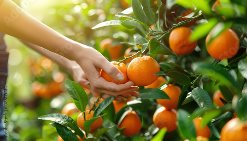 Skilled female gardener gathering crop of ripe tangerines fruits in orchard. Harvest time