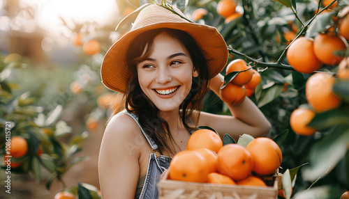 Skilled female gardener gathering crop of ripe tangerines fruits in orchard. Harvest time