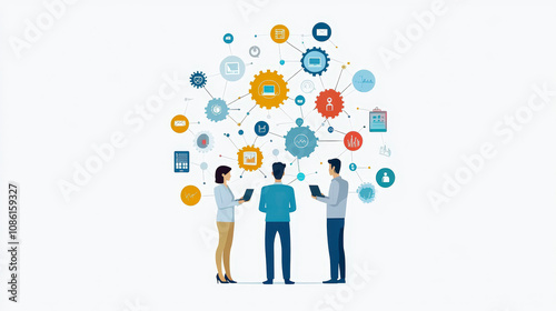 Business professionals engaging with interconnected digital icons, symbolizing collaboration, technology, and data exchange in a modern, networked environment.