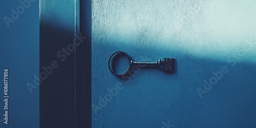 A key is hanging on a blue door.