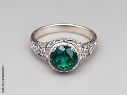 (A platinum ring with a brilliant cut emerald embedded into it. 