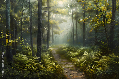 Ethereal Misty Morning in a Dense Forest Illuminated by Gentle Sunlight