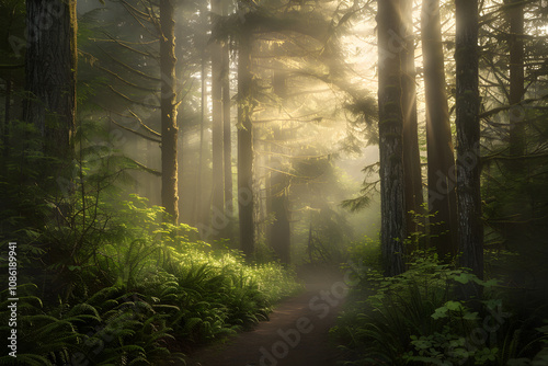 Ethereal Misty Morning in a Dense Forest Illuminated by Gentle Sunlight