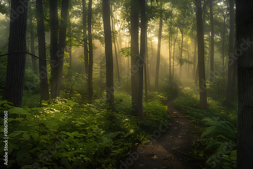 Ethereal Misty Morning in a Dense Forest Illuminated by Gentle Sunlight