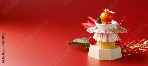 Traditional Japanese New Year Decoration with Rice Cakes and Crane on Red Background