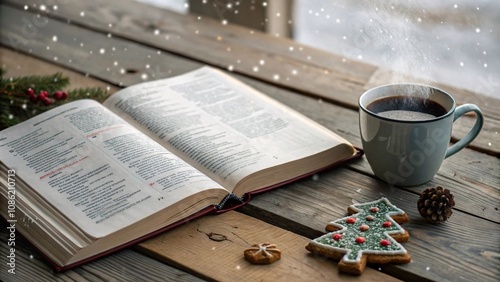 Open Holy Bible on a rustic wooden table with snowflakes