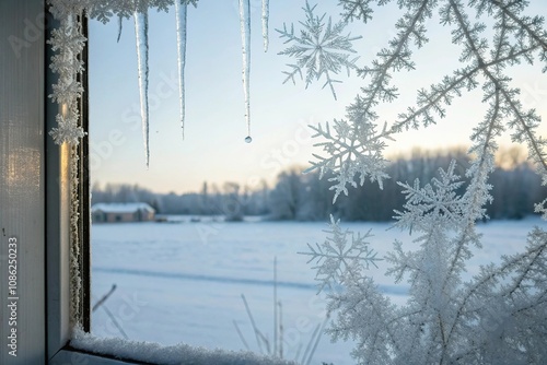 Frosty windowpane design with snowflakes and icicles in a modern minimalist style, simple, frosty, icicles