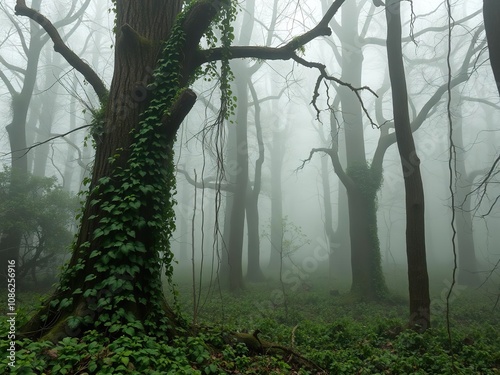 Vines and creepers entwine the tree trunks in the mystical foggy forest, mysterious woods, foggy forest