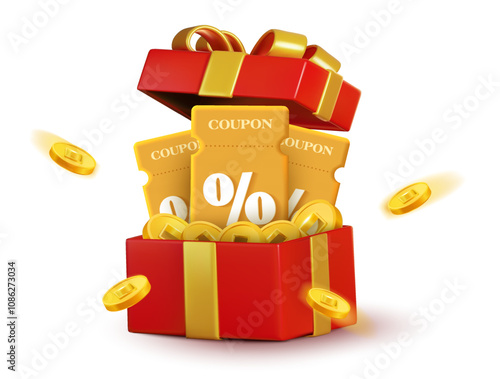 3d stack of golden coupons in opened red gift box with ribbons and flying coins, isolated on white background. 3d cash back gift voucher with coupon code vector icon. Vector illustration